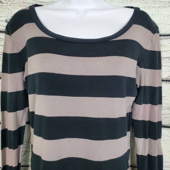 Roxy Taupe & Charcoal Gray Striped Long Sleeve Boatneck Top – Size L - Picture 3 of 6